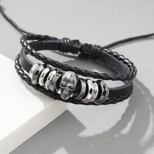 Men's Silver Skull & Black Braided PU Leather Punk Rock Biker Bracelet NEW